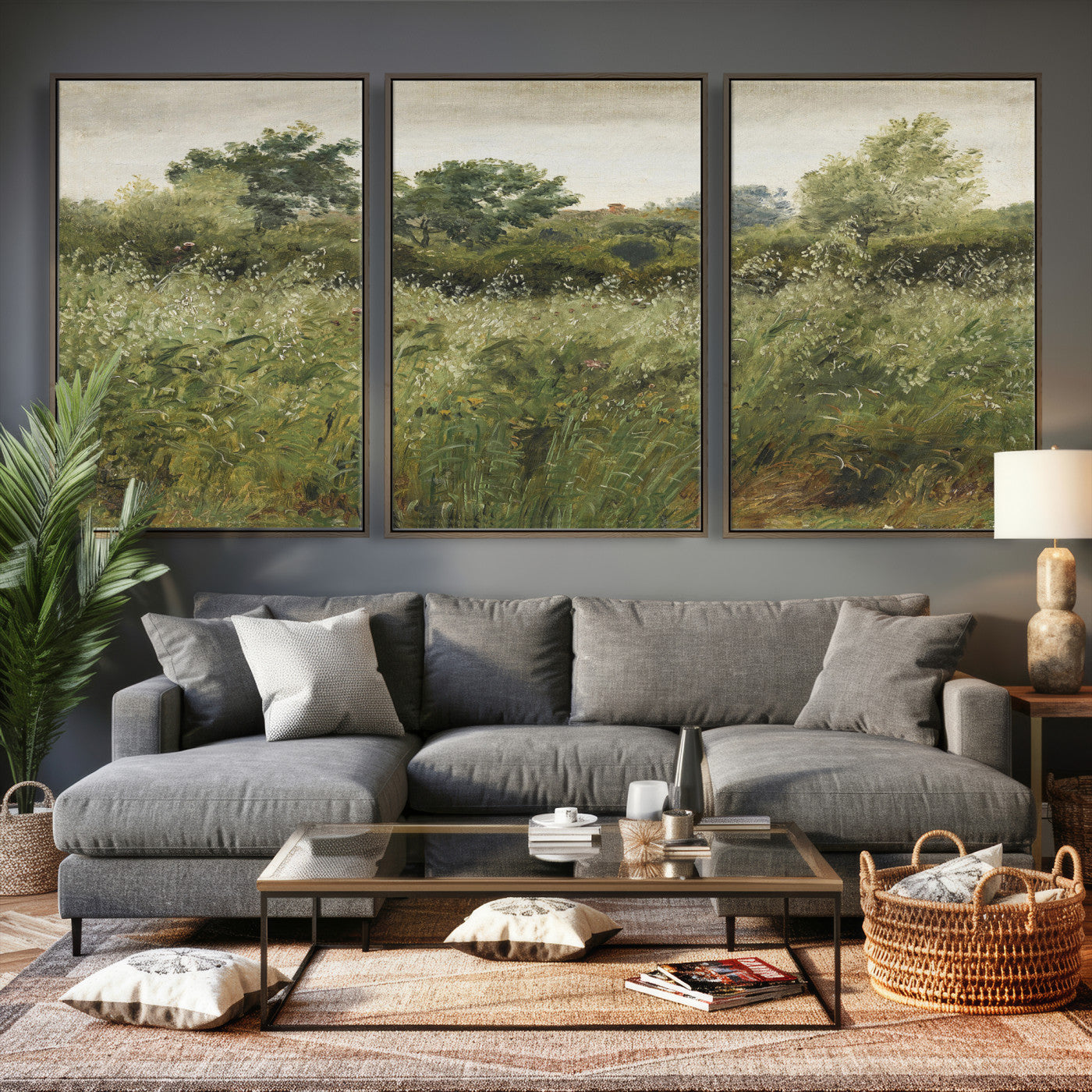 92328261-MGV-CV-36X24 - Wildflower Meadow Canvas Wall Art, Impressionist Overgrown Field Painting Print, Vintage Green Nature Decor, Cottagecore Botanical Art, Living Room Print