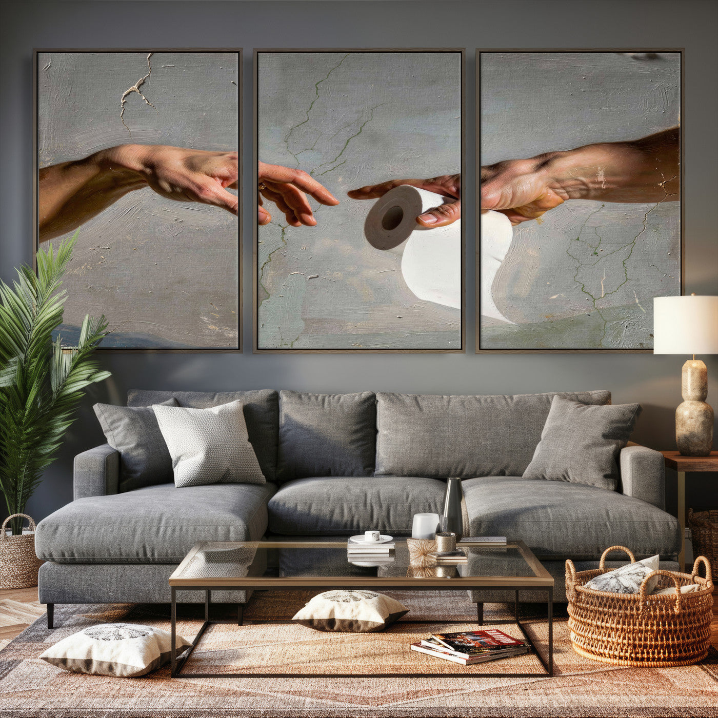 72030048-MGV-CV-36X24 - Funny Bathroom Wall Art Canvas, Creation of Toilet Paper Parody Print, Renaissance Humor Decor, Toilet Room Art, Quirky Housewarming Gift, Classic Art Spoof