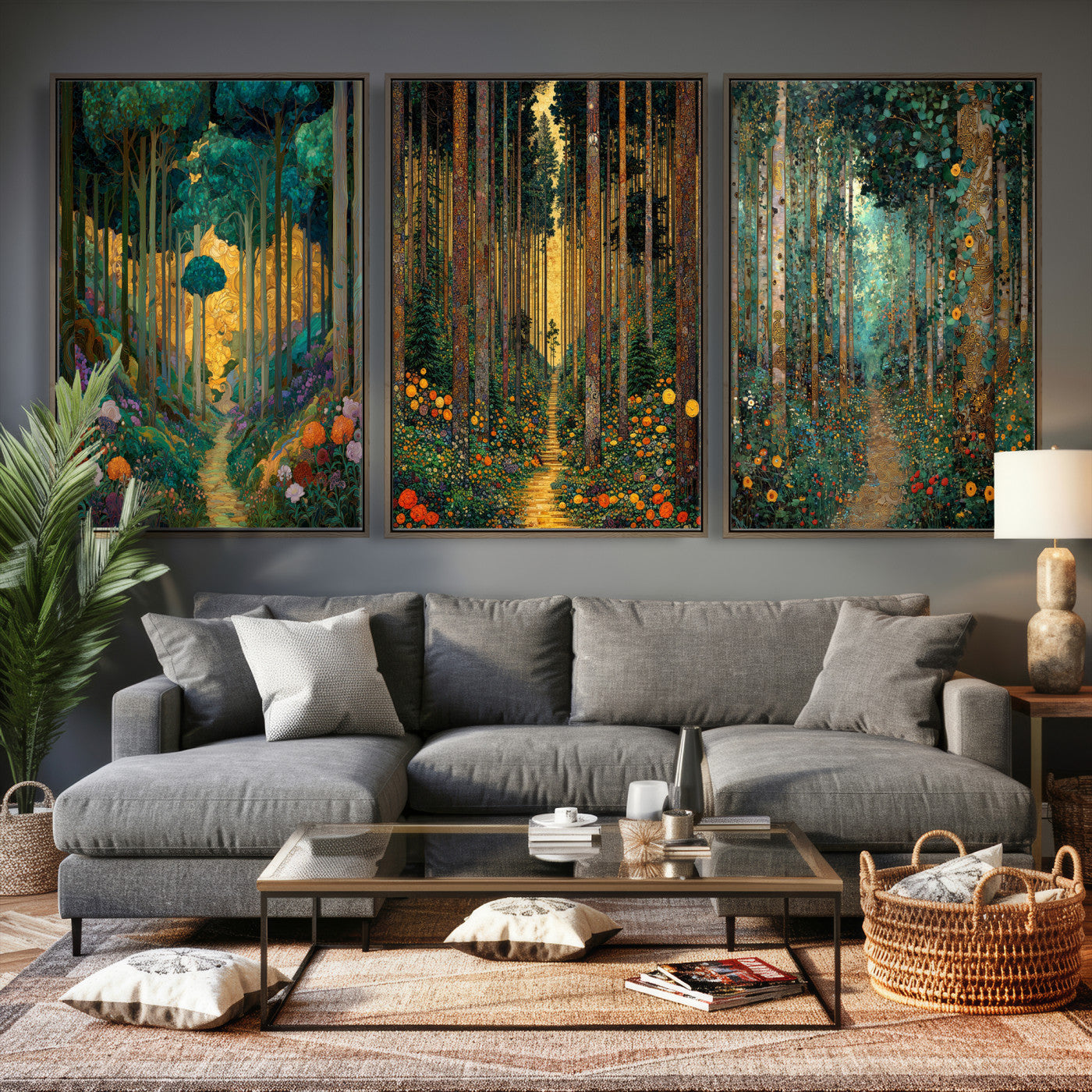 79483321-MGV-CV-60X30-3P - Gustav Klimt Style Forest Canvas Wall Art, Golden Forest Path Floral Art Nouveau Print, Enchanted Woodland Decor, Maximalist Colorful Nature Art