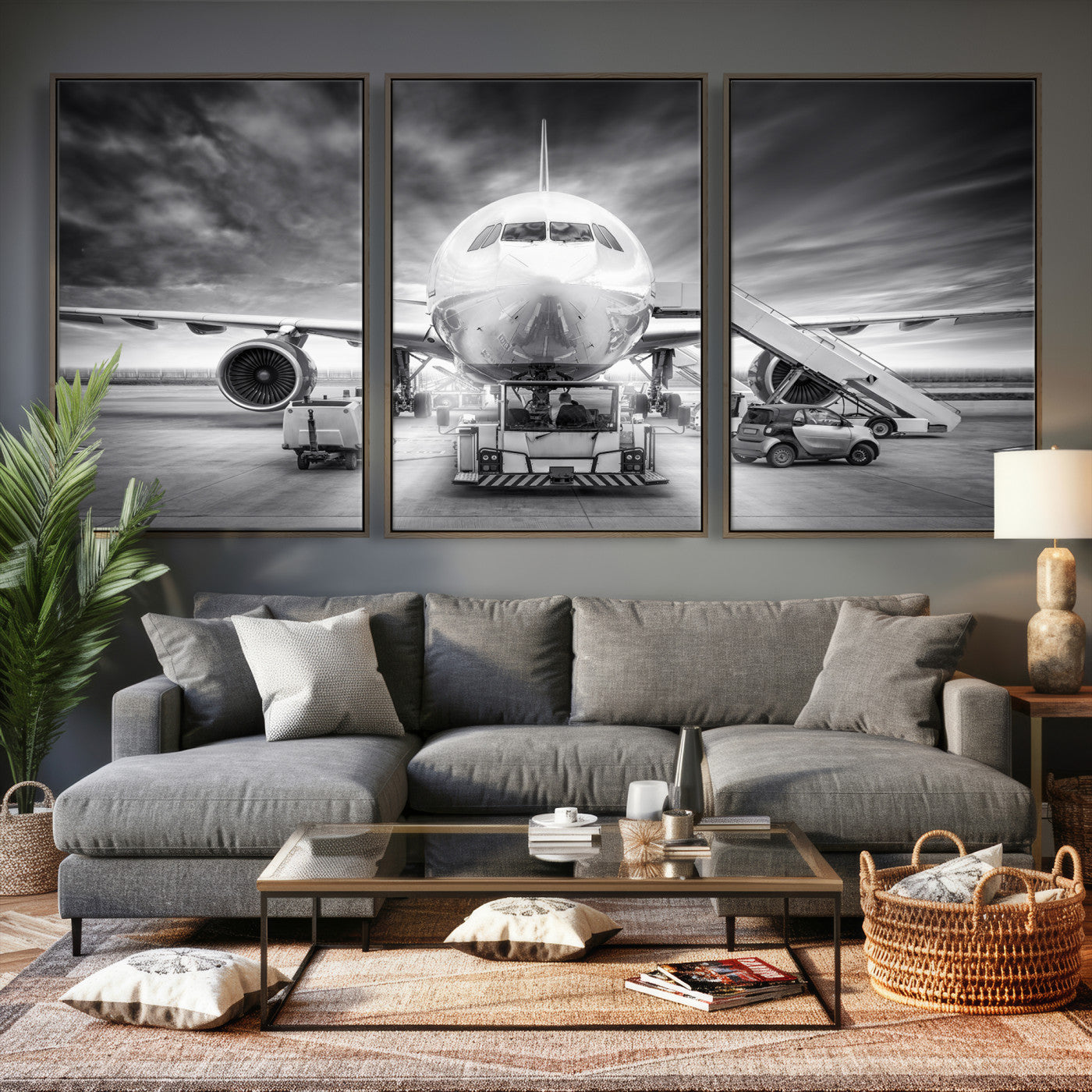 85885848-MGV-CV-36X24 - Airplane Wall Art Canvas Print, Black and White Jet Aircraft Airport Runway Framed Aviation Artwork for Pilot Office Hangar Travel Decor