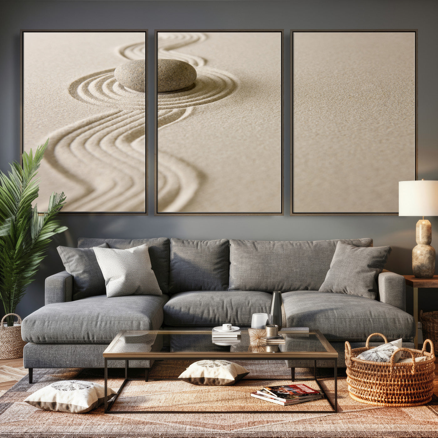 66852661-MGV-CV-36X24 - Zen Garden Stone Sand Canvas | Japanese Rock Garden Wall Art | Minimalist Meditation Print | Neutral Beige Mindfulness Decor
