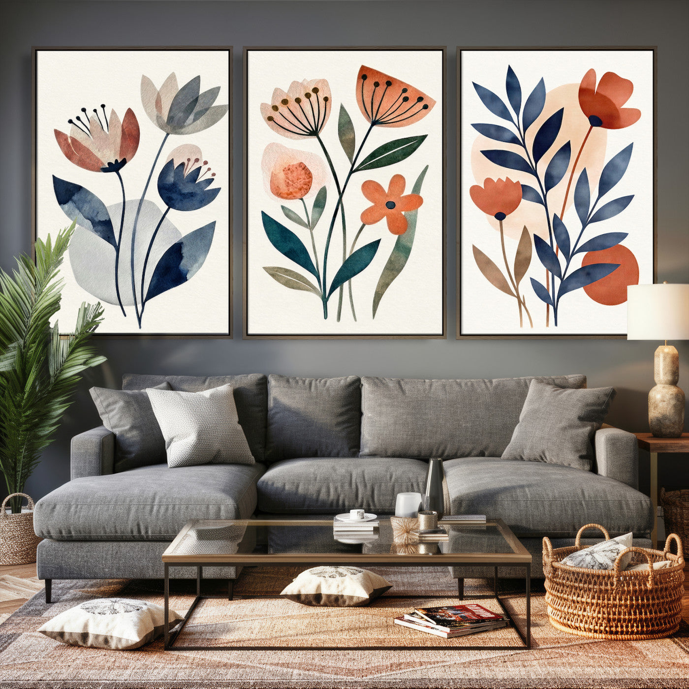 64426285-MGV-CV-60X30-3P - Watercolor Botanical Canvas Wall Art Set, Navy Terracotta Floral Triptych Print, Minimalist Flower Decor, Boho Living Room Art, Scandinavian Nature Print