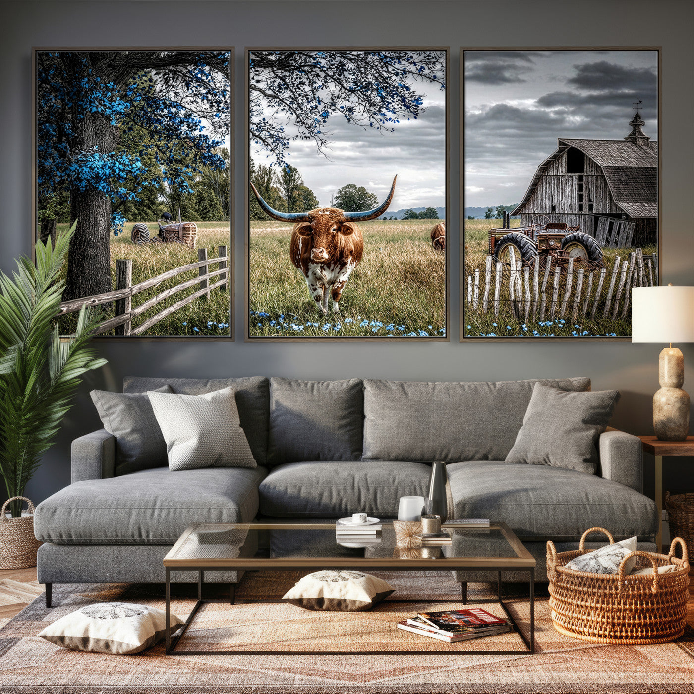 40526446-MGV-CV-60X30-3P - Texas Longhorn Canvas Wall Art, Rustic Farm Barn Bluebonnet Photography Print, Farmhouse Country Decor, Western Ranch Art, Old Truck Tractor Print