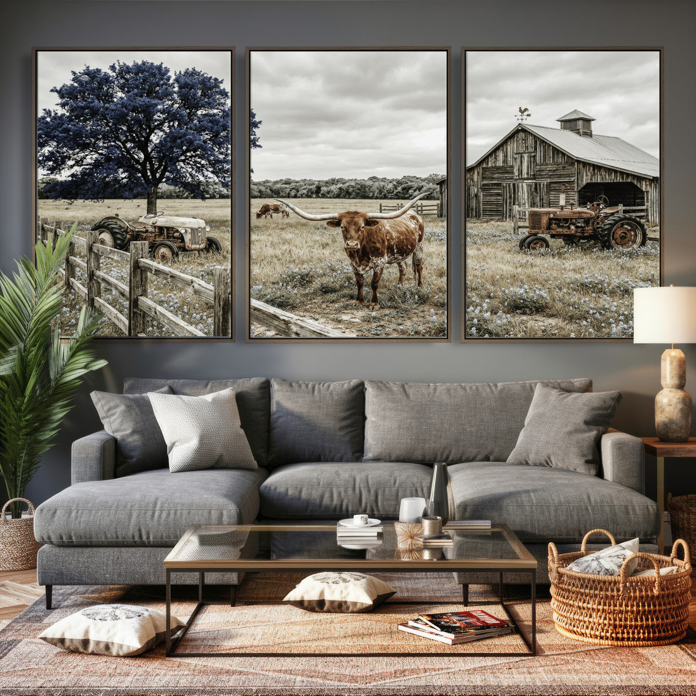 34049737-MGV-CV-60X30-3P - Texas Longhorn Canvas Wall Art, Rustic Farm Barn Bluebonnet Photography Print, Farmhouse Country Decor, Western Ranch Art, Old Truck Tractor Print