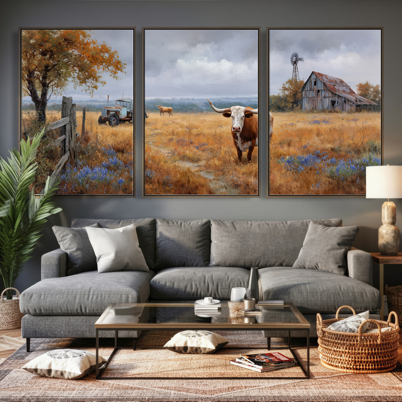 25324907-MGV-CV-60X30-3P - Texas Longhorn Canvas Wall Art, Rustic Farm Barn Bluebonnet Photography Print, Farmhouse Country Decor, Western Ranch Art, Old Truck Tractor Print