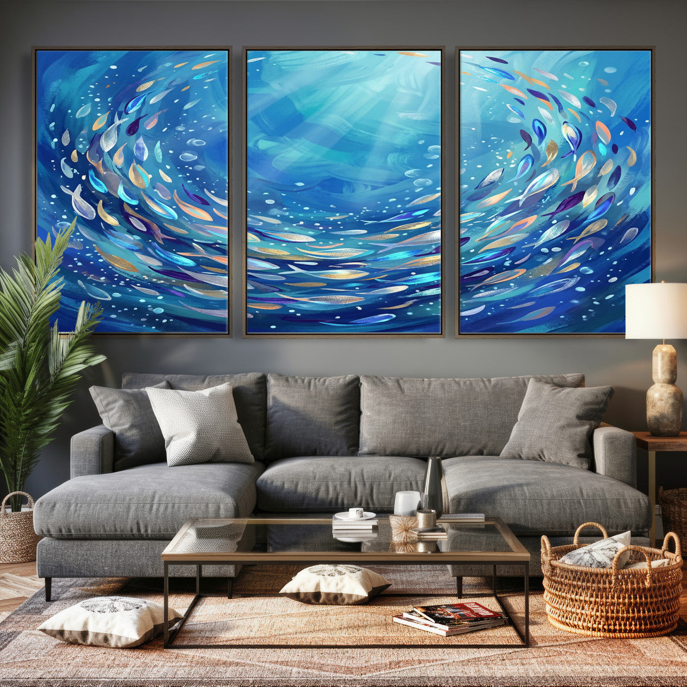78699899-MGV-CV-36X24 - School of Fish Canvas Print | Blue Ocean Underwater Wall Art | Swirling Fish Shoal Illustration | Marine Navy Coastal Decor