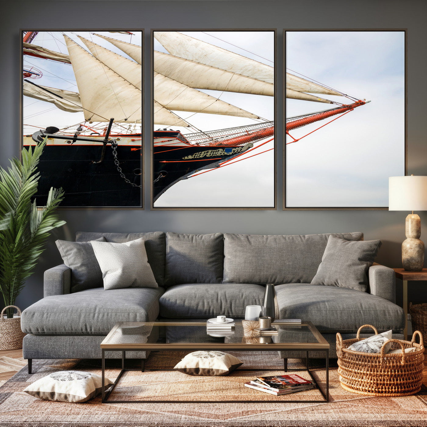 64830036-MGV-CV-36X24 - Sailboat Wall Art Canvas Print, Vintage Ship Bow Framed Artwork, Nautical Sailing Decor for Living Room Office Beach House