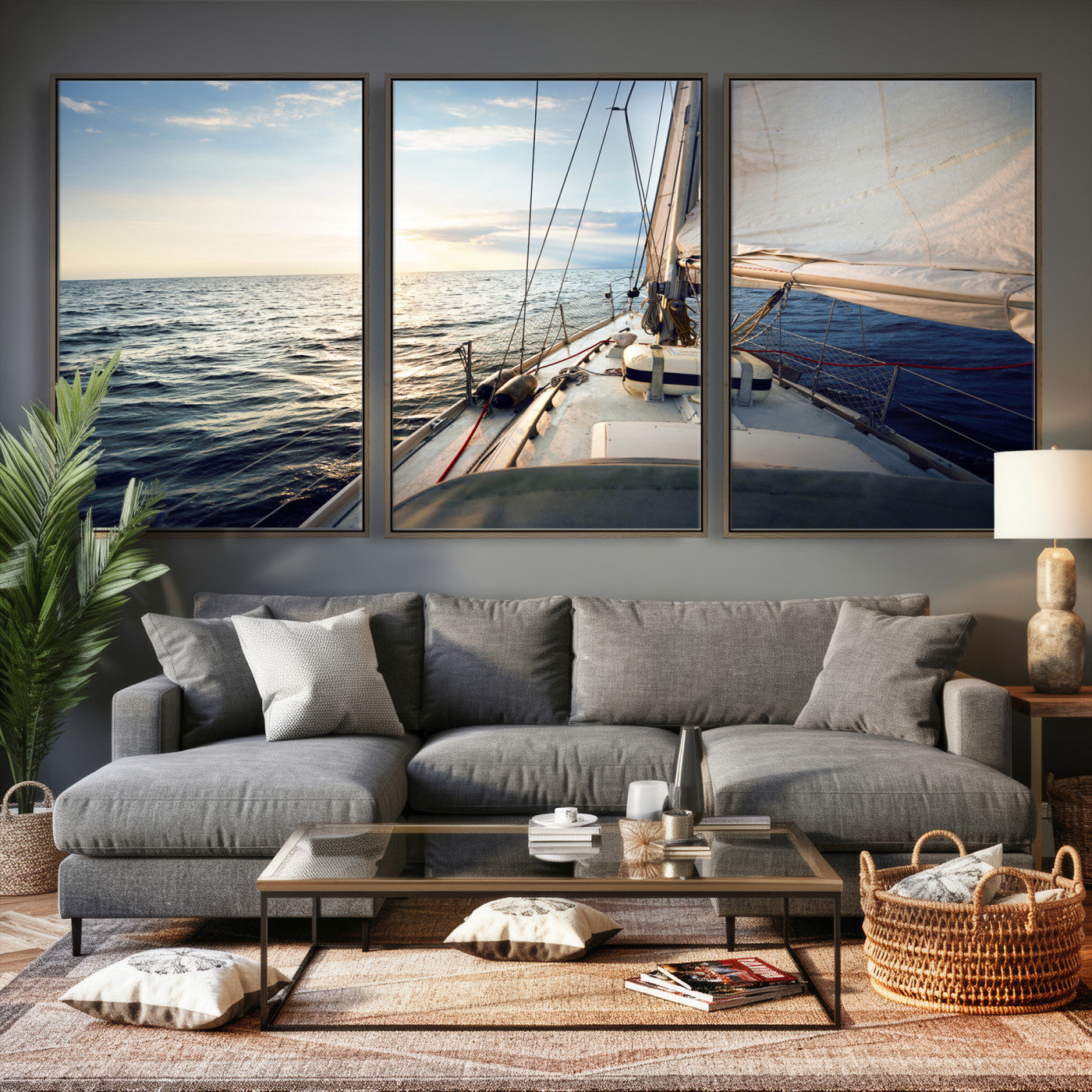 76381335-MGV-CV-36X24 - Sailboat Wall Art Canvas Print, Ocean Sunset Sailing Framed Artwork, Coastal Nautical Seascape Decor for Living Room Office Beach House