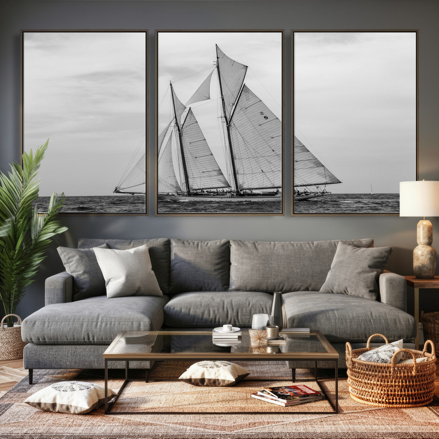 52882918-MGV-CV-36X24 - Vintage Sailboat Wall Art Canvas Print, Black and White Schooner Framed Artwork, Nautical Ocean Sailing Decor for Living Room Office Beach House