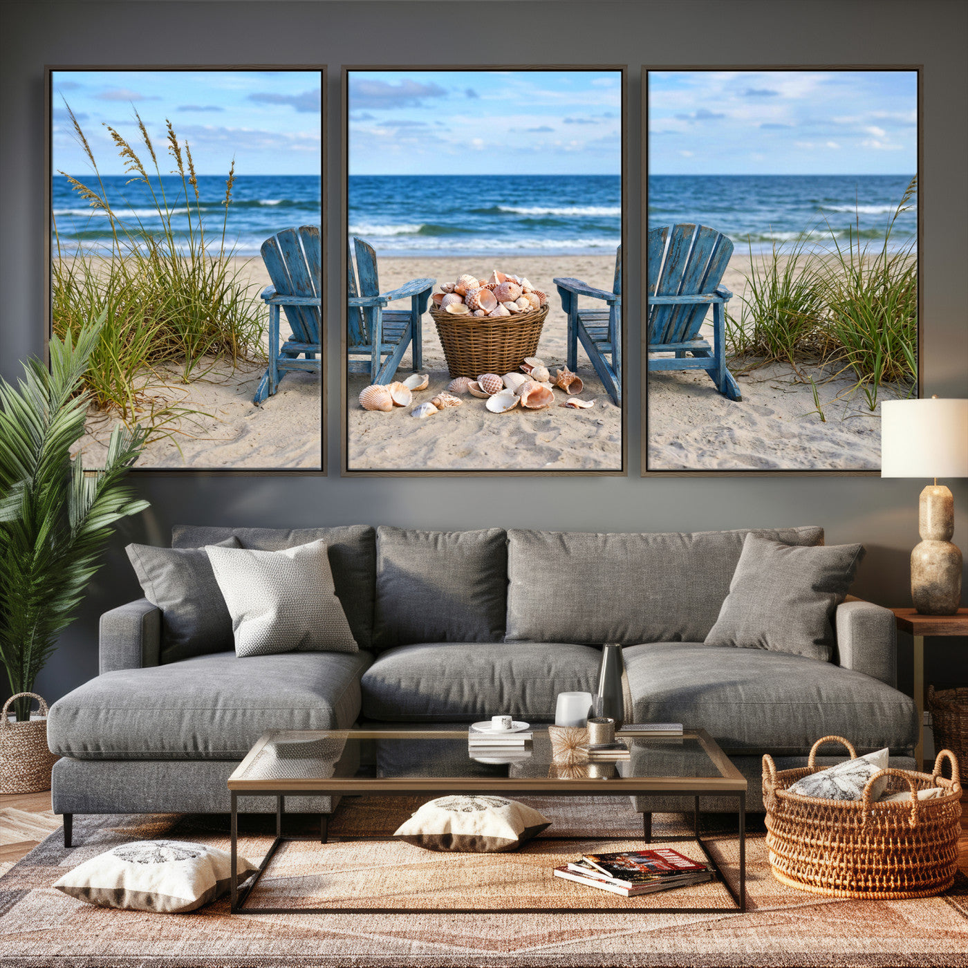 80268829-MGV-CV-36X24 - Large Beach Canvas Wall Art Coastal Adirondack Chairs Ocean Seashells Blue Nautical Framed Large for Living Room Bedroom Bathroom Decor