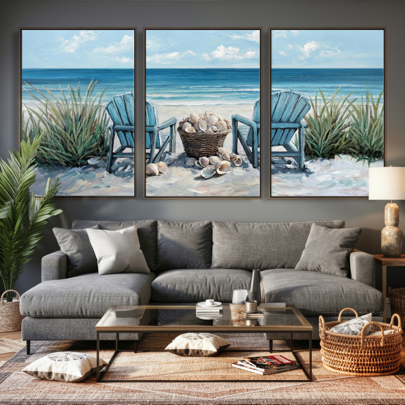 11973028-MGV-CV-36X24 - Beach Canvas Wall Art Coastal Adirondack Chairs Ocean Seashells Blue Nautical Framed Large for Living Room Bedroom Bathroom Decor