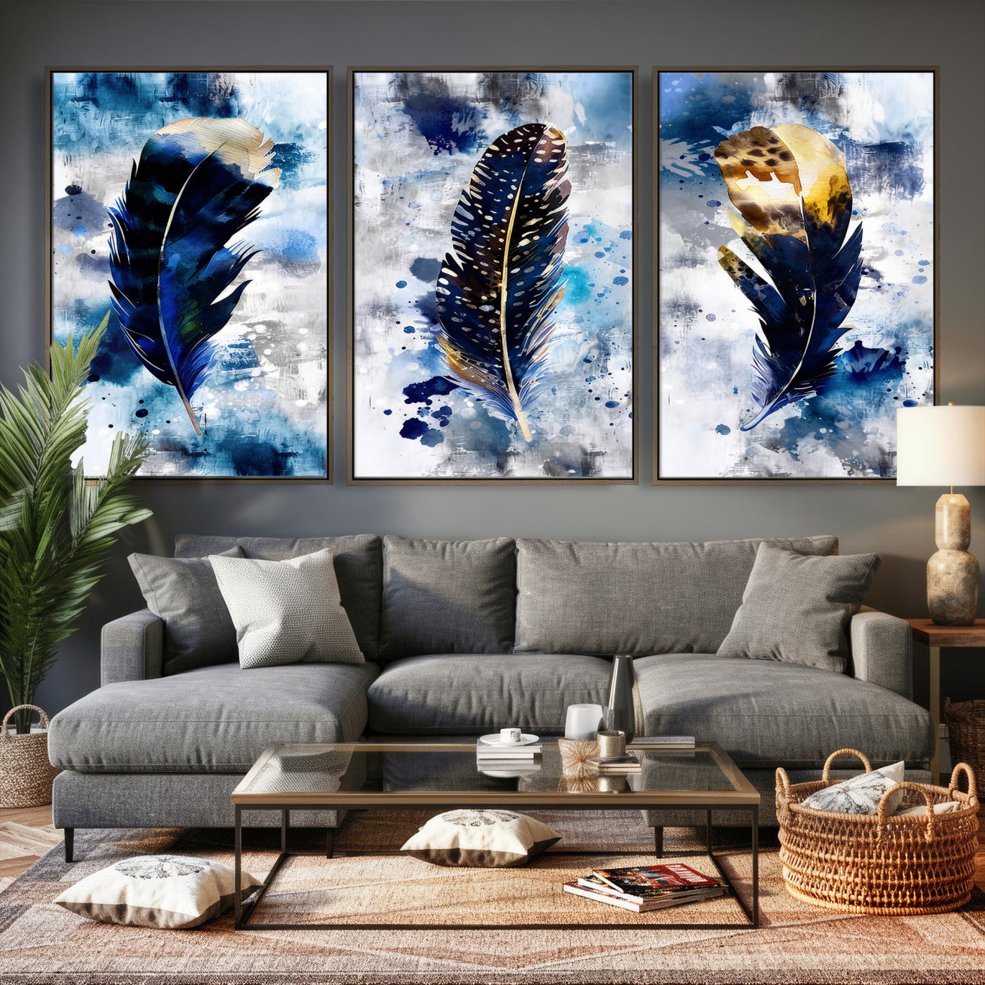 74325132F-MGV-CV-60X30-3P - Feather Canvas Wall Art Navy Blue Gold Watercolor Abstract Boho Eclectic Framed Large for Living Room Bedroom Office Entryway Decor