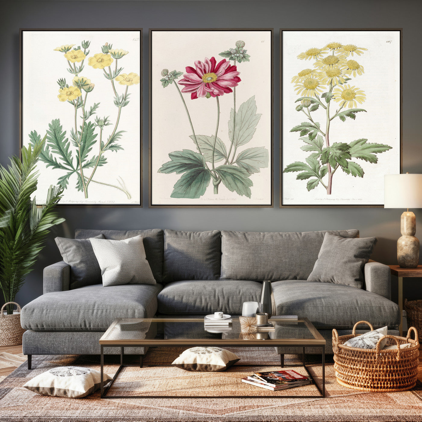 17622011MF-MGV-CV-60X30-3P - Antique Botanical Canvas Wall Art, Victorian Flower Illustration Triptych Print, Cottagecore Vintage Botanical Decor