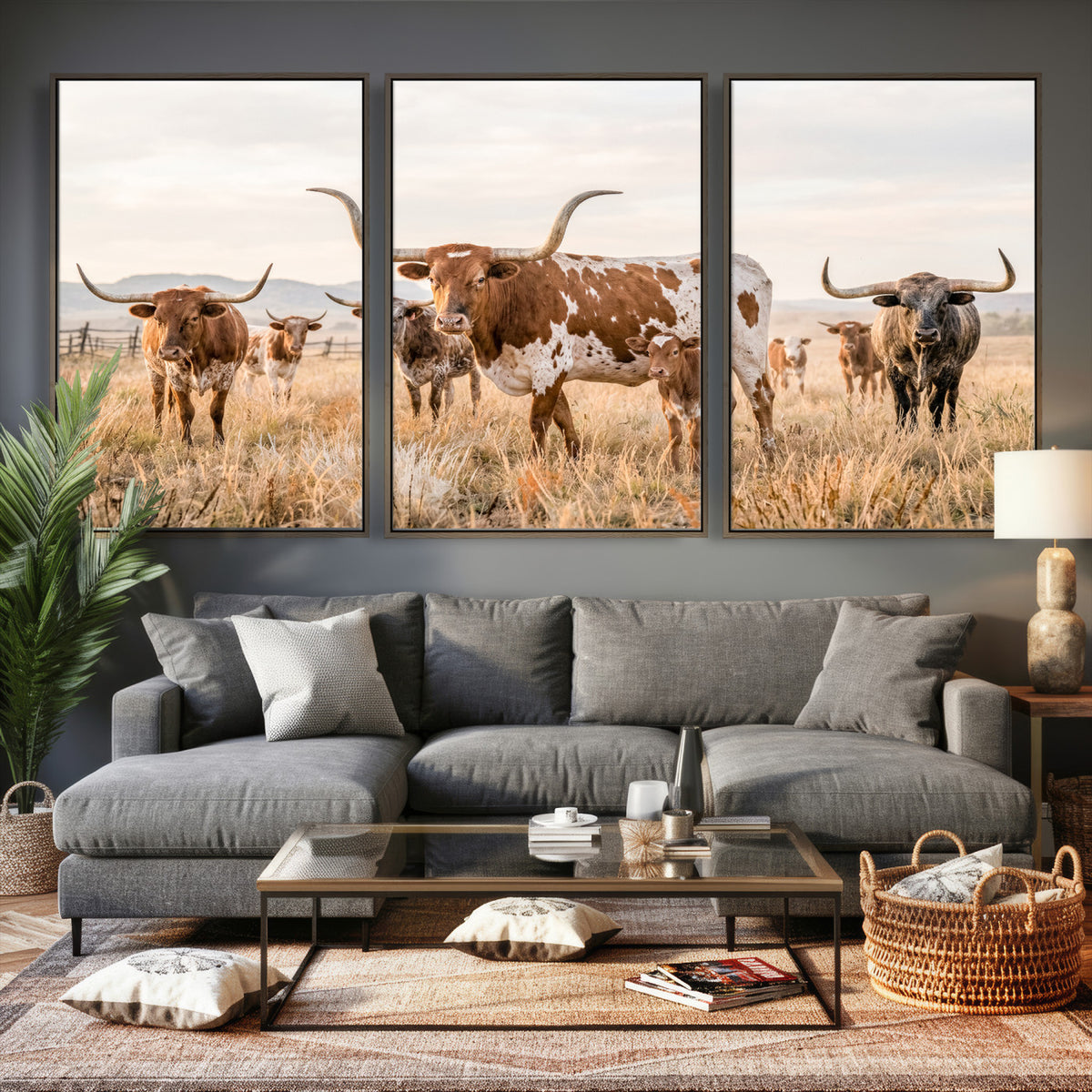 62336425AC-MGV-CV-36X24 - Texas Longhorn Canvas Wall Art, Rustic Farm Animal Photography Print, Farmhouse Country Decor, Western Ranch Art