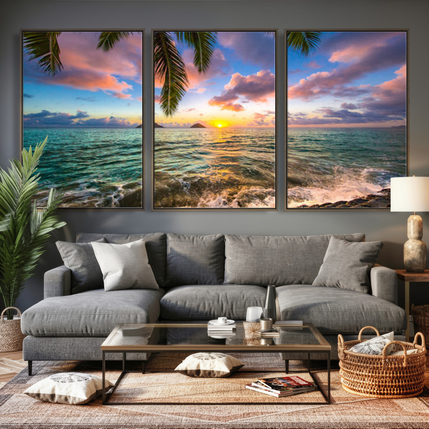13207742-MGV-CV-36X24 - Hawaii Beach Sunset Canvas Wall Art Print, Tropical Ocean Landscape Artwork, Palm Tree Coastal Decor for Living Room Bedroom