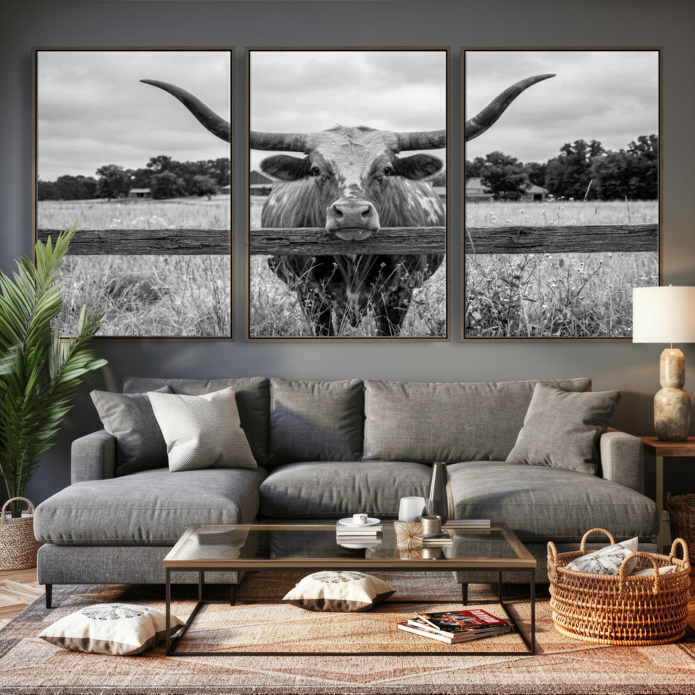 59378683-MGV-CV-60X30-3P - Black White Texas Longhorn Bull Canvas Wall Art, Western Ranch Cattle Photography Print, Rustic Farmhouse Cowboy Decor Artwork