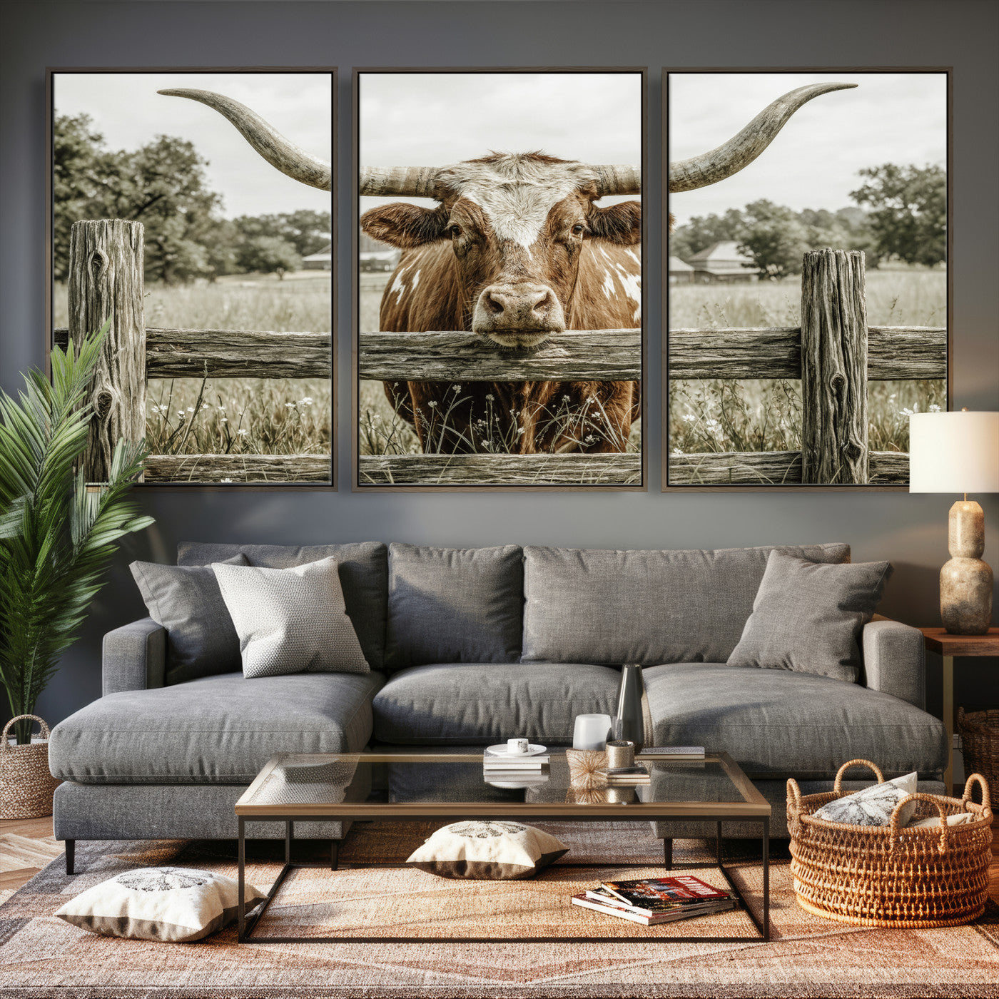 59378683M-MGV-CV-60X30-3P - Large Farmhouse Texas Longhorn Bull Canvas Wall Art, Western Ranch Cattle Photography Print, Rustic Barn Cowboy Decor Artwork