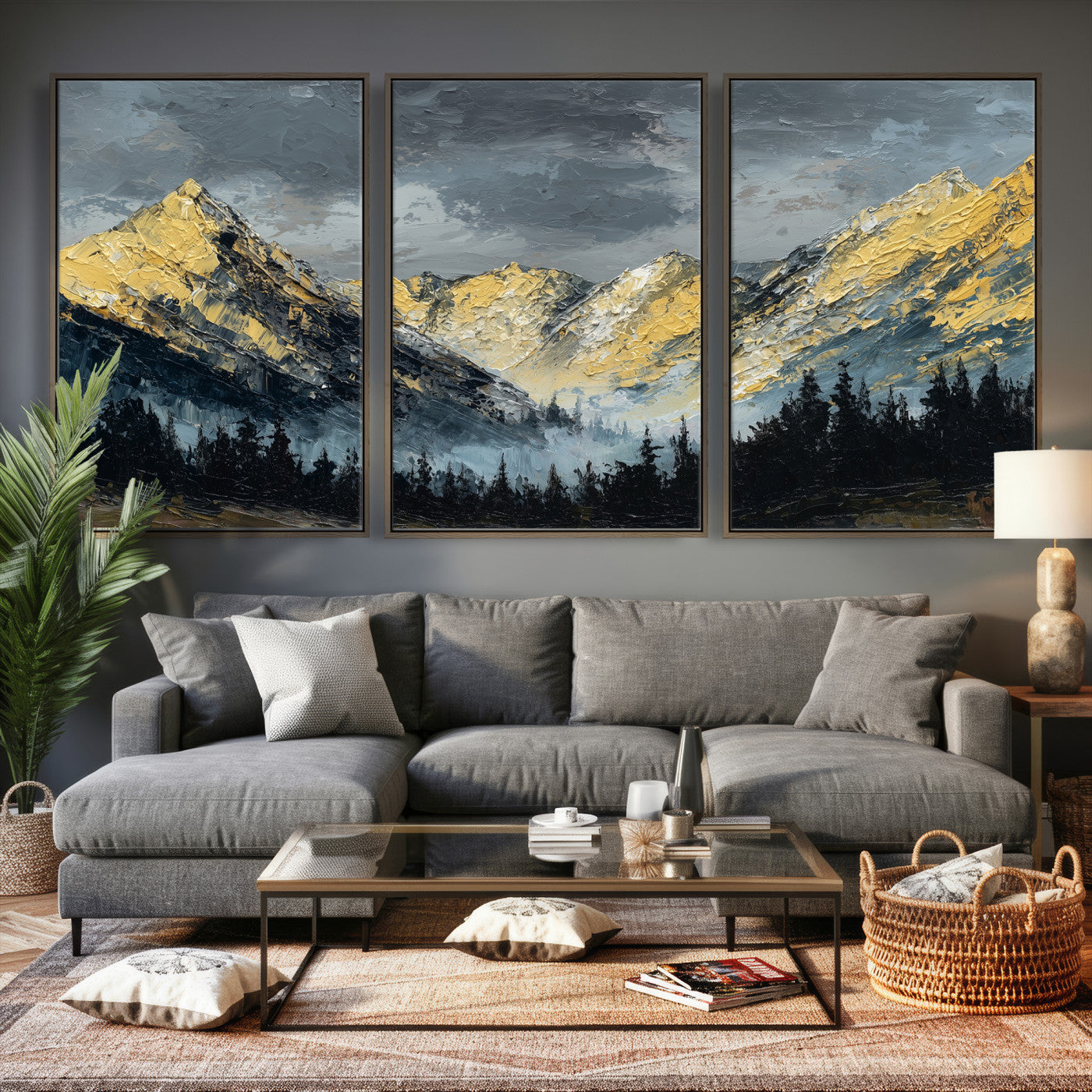 86912101-MGV-CV-48X32-3P - Abstract Mountain Wall Art Canvas Print Modern Landscape Painting Print