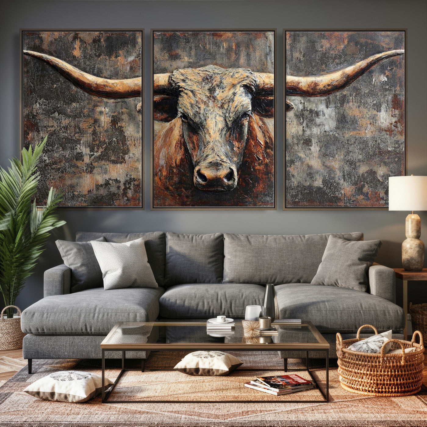 34202127RS-MGV-CV-60X30-3P - Texas Longhorn Skull Canvas Wall Art Rustic Western Decor Print