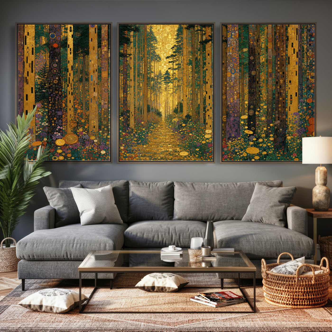 79483321G-MGV-CV-48X32-3P - Gustav Klimt Style Forest Canvas Wall Art, Golden Forest Path Floral Art Nouveau Print, Enchanted Woodland Decor
