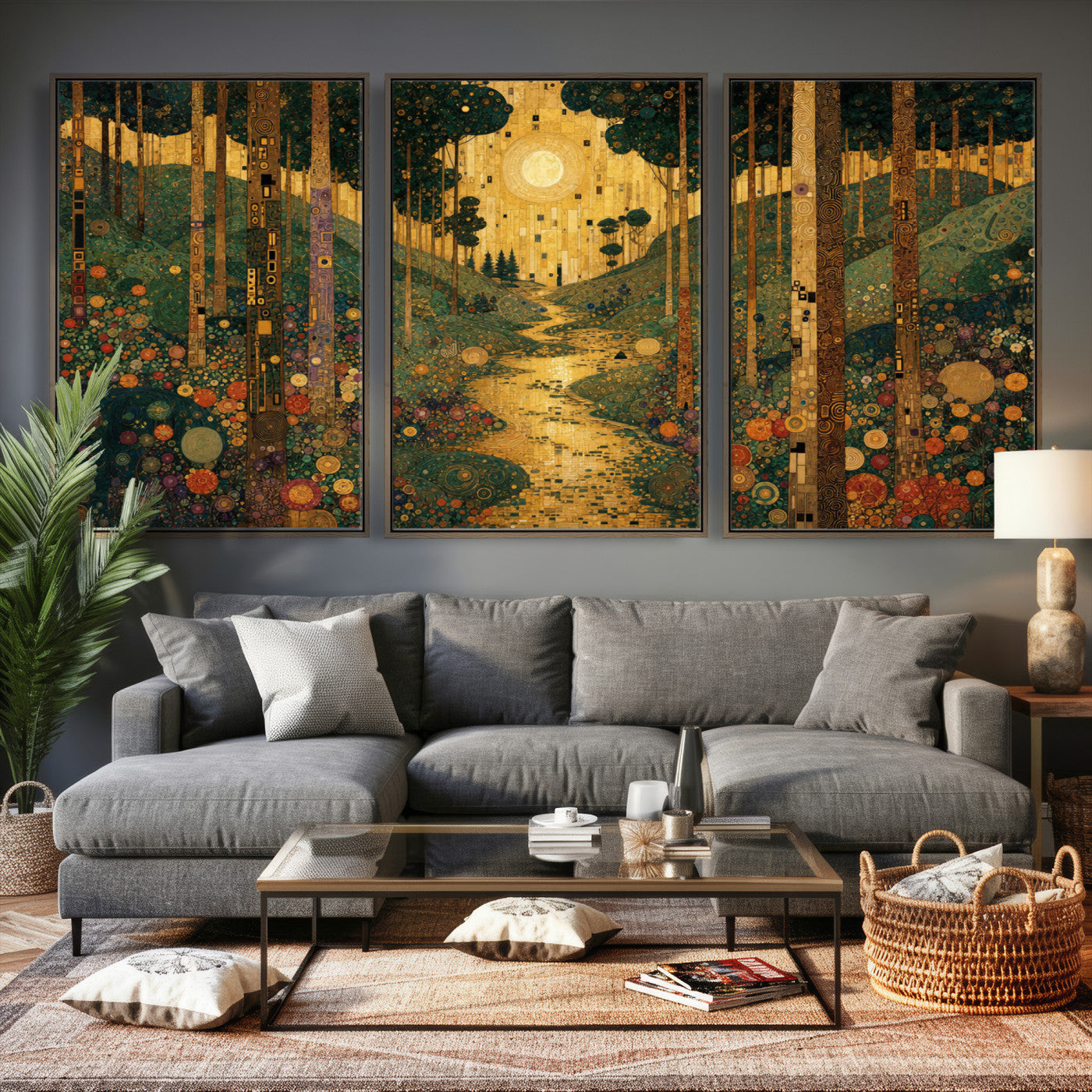 79483321GS-MGV-CV-48X32-3P - Gustav Klimt Style Forest Canvas Wall Art, Golden Forest Path Floral Art Nouveau Print, Enchanted Woodland Decor