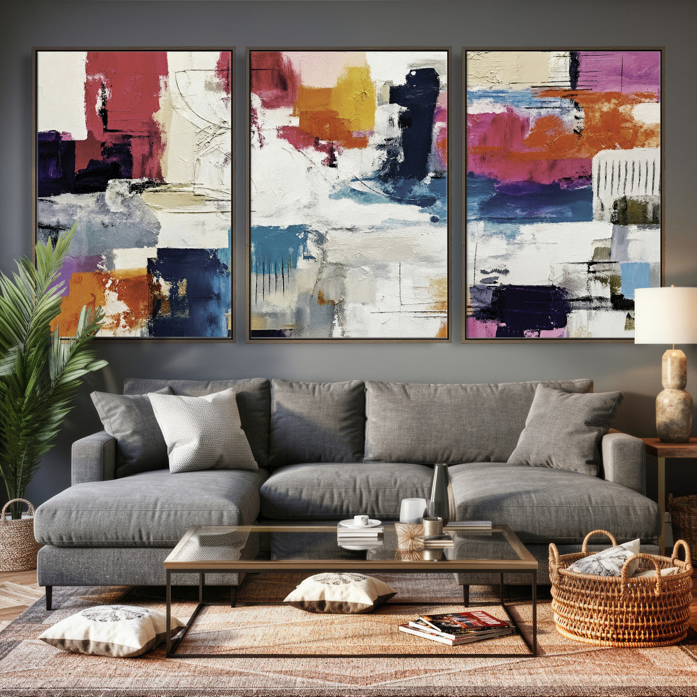 57864023-MGV-CV-36X24 - Blue Teal Abstract Canvas Wall Art, Modern Textured Painting Print, Navy Orange White Contemporary Art, Neutral Living Room Decor, Office Art