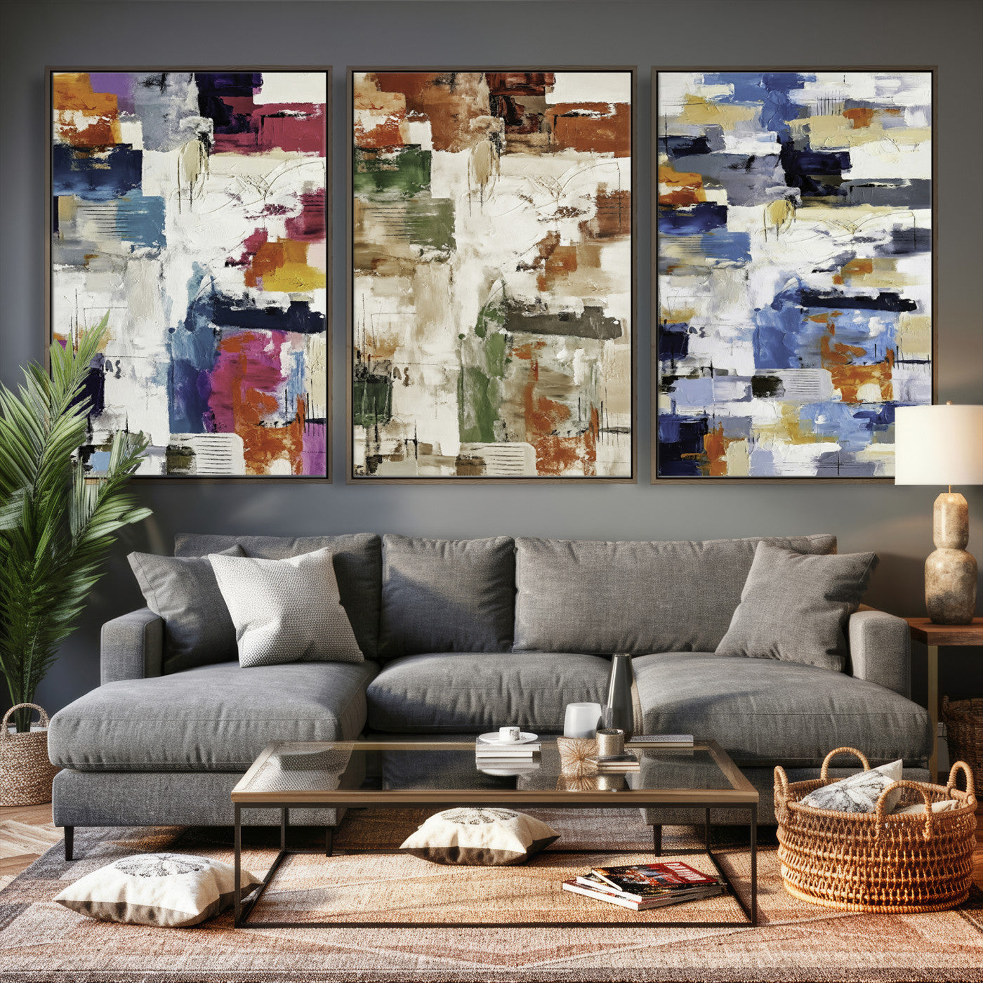 33267833-MGV-CV-60X30-3P - Blue Teal Abstract Canvas Wall Art, Modern Textured Painting Print, Navy Orange White Contemporary Art, Neutral Living Room Decor, Office Art