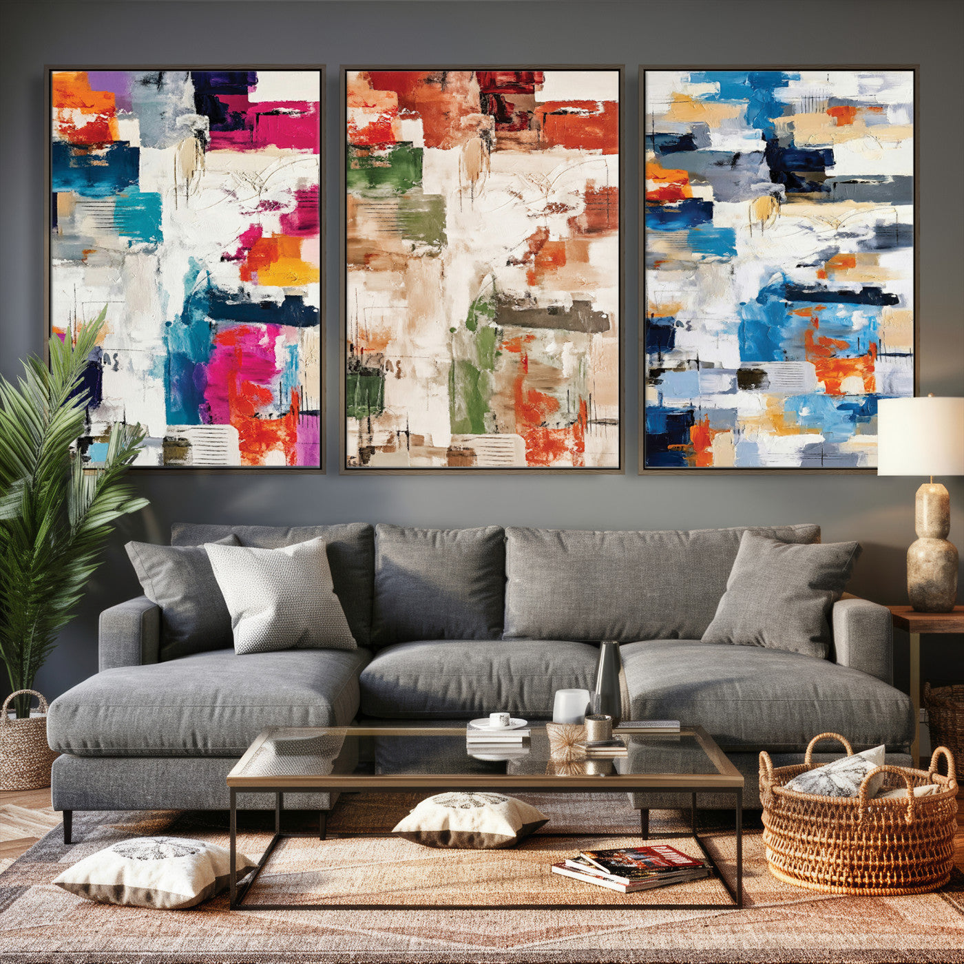 33267833-MGV-CV-60X30-3P - Blue Teal Abstract Canvas Wall Art, Modern Textured Painting Print, Navy Orange White Contemporary Art, Neutral Living Room Decor, Office Art