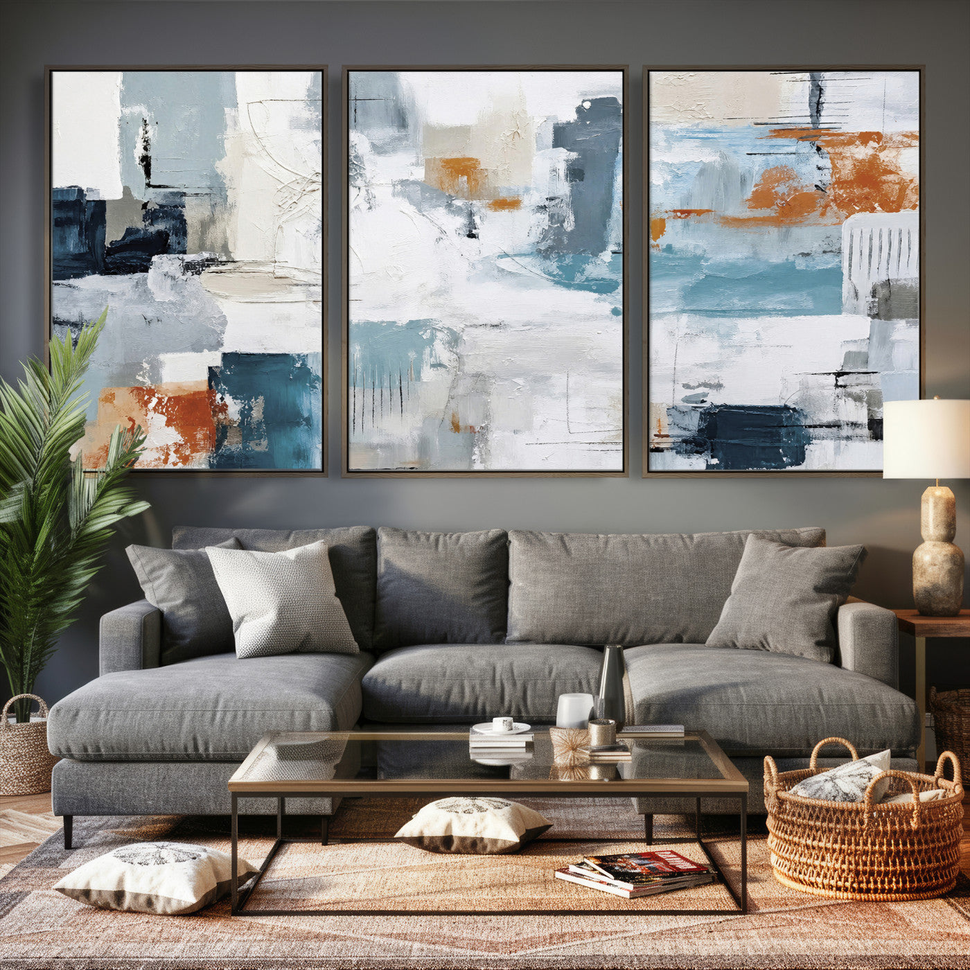 98638479-MGV-CV-36X24 - Blue Teal Abstract Canvas Wall Art, Modern Textured Painting Print, Navy Orange White Contemporary Art, Neutral Living Room Decor, Office Art