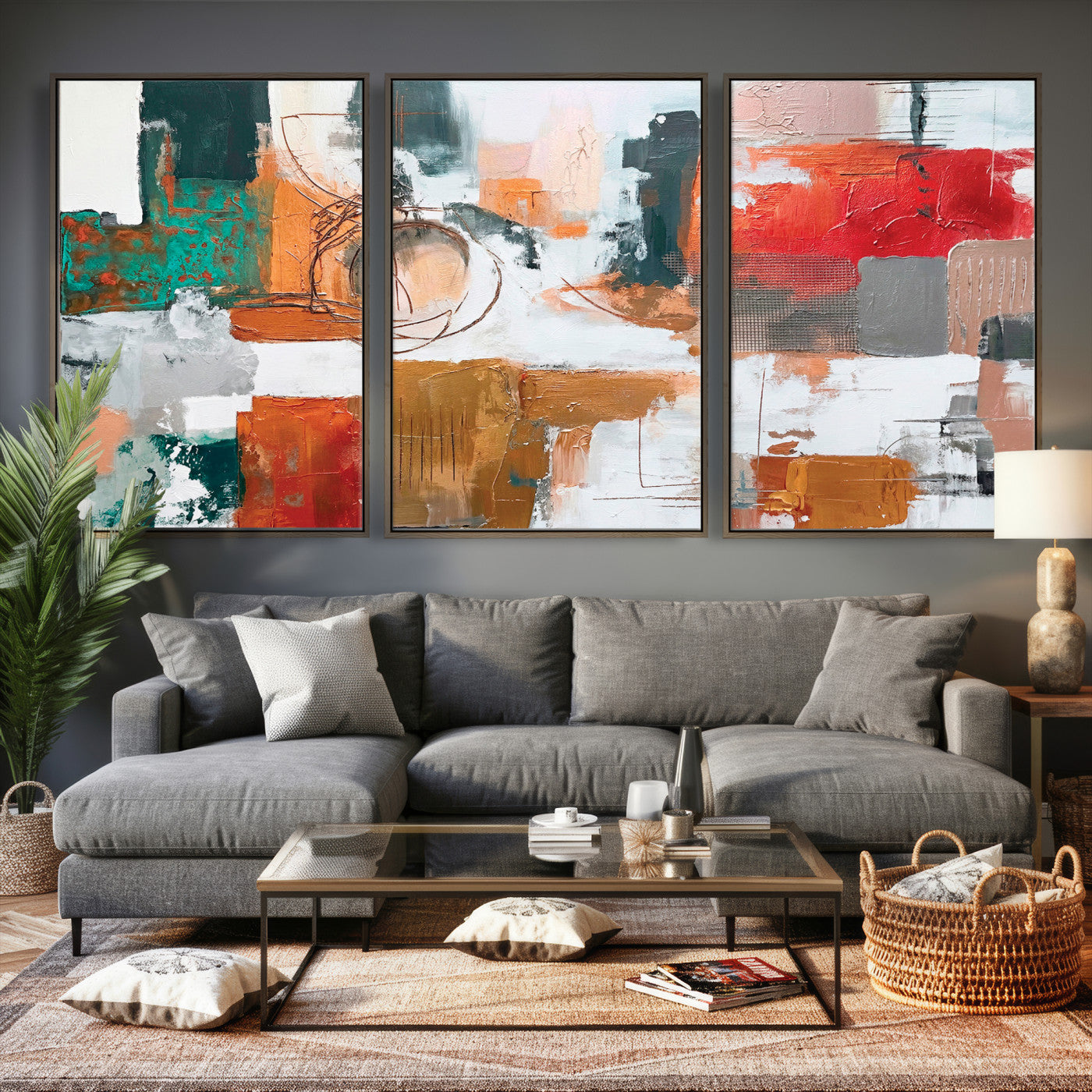50720312-MGV-CV-36X24 - Blue Teal Abstract Canvas Wall Art | Modern Textured Painting Print, Navy Orange White Contemporary Art, Neutral Living Room Decor, Office Art.