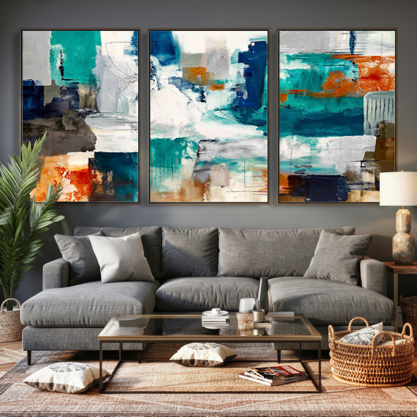 44038089-MGV-CV-36X24 - Blue Teal Abstract Canvas Wall Art, Modern Textured Painting Print, Navy Orange White Contemporary Art, Neutral Living Room Decor, Office Art