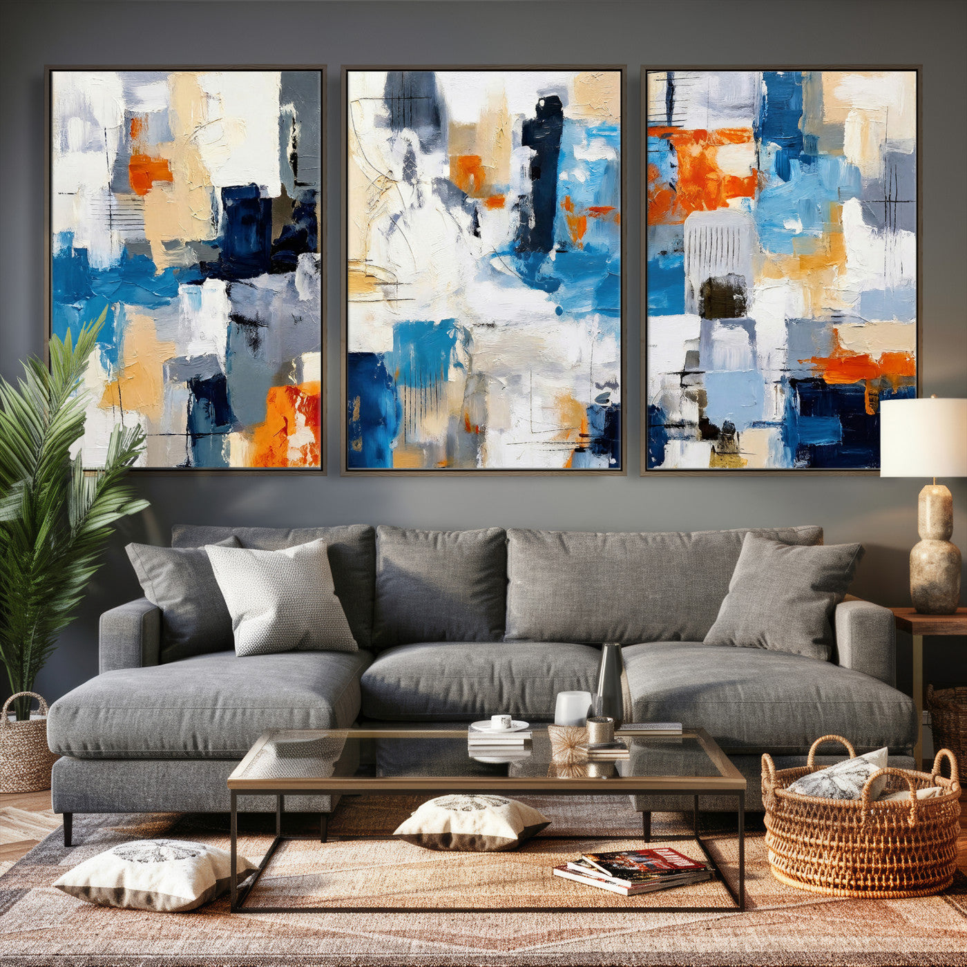 83915061-MGV-CV-36X24 - Blue Teal Abstract Canvas Wall Art, Modern Textured Painting Print, Navy Orange White Contemporary Art, Neutral Living Room Decor, Office Art