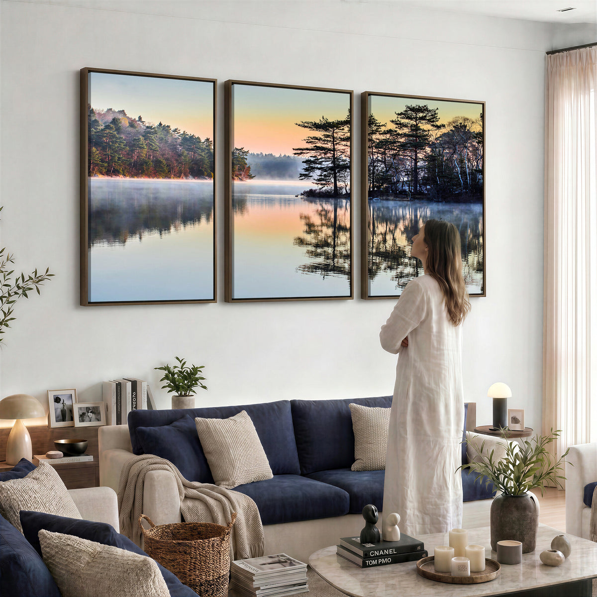34236027-MGV-CV-36X24 - Before People Wake Canvas Wall Art Print, Misty Lake Sunrise Landscape, Forest Reflection Nature Decor, Ready to Hang