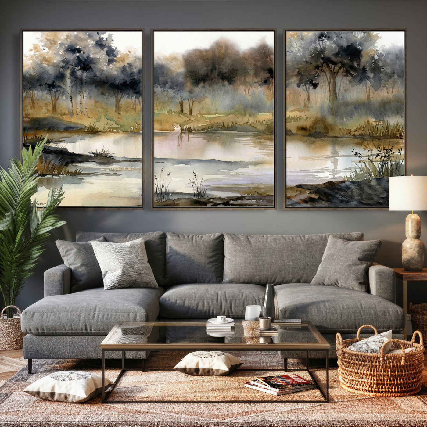 27383609-MGV-CV-36X24 - Abstract WatercolorAutumn Lake Canvas Wall Art Print, Misty Forest Landscape, Rustic Nature Painting, Cabin Wall Decor, Ready to Hang