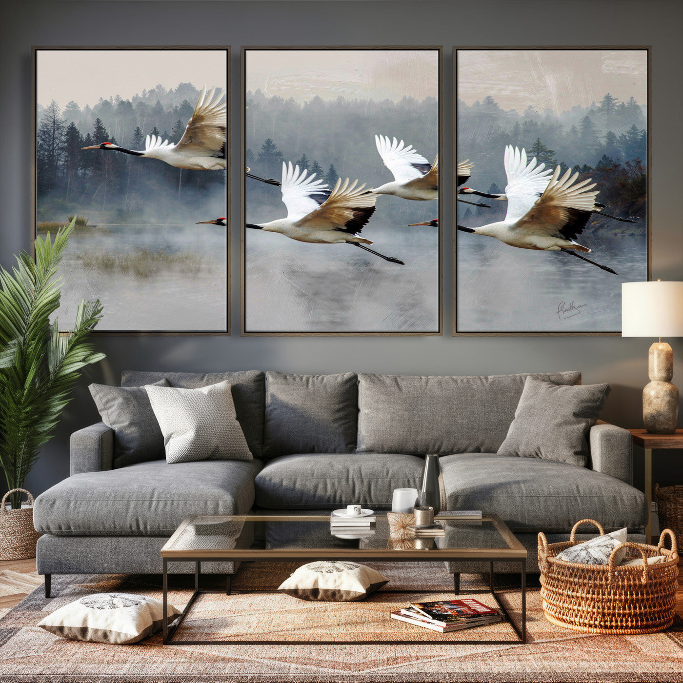 24356826-MGV-CV-36X24 - Flying Crane Canvas Wall Art Print, White Crane Bird Artwork, Wildlife Nature Decor, Lake Landscape Canvas, Ready to Hang