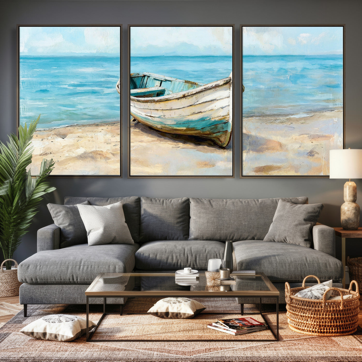 14780565-MGV-CV-36X24 - Coastal Boat Canvas Wall Art Print, Beach Boat Painting, Nautical Ocean Decor, Seascape Wall Art, Ready to Hang