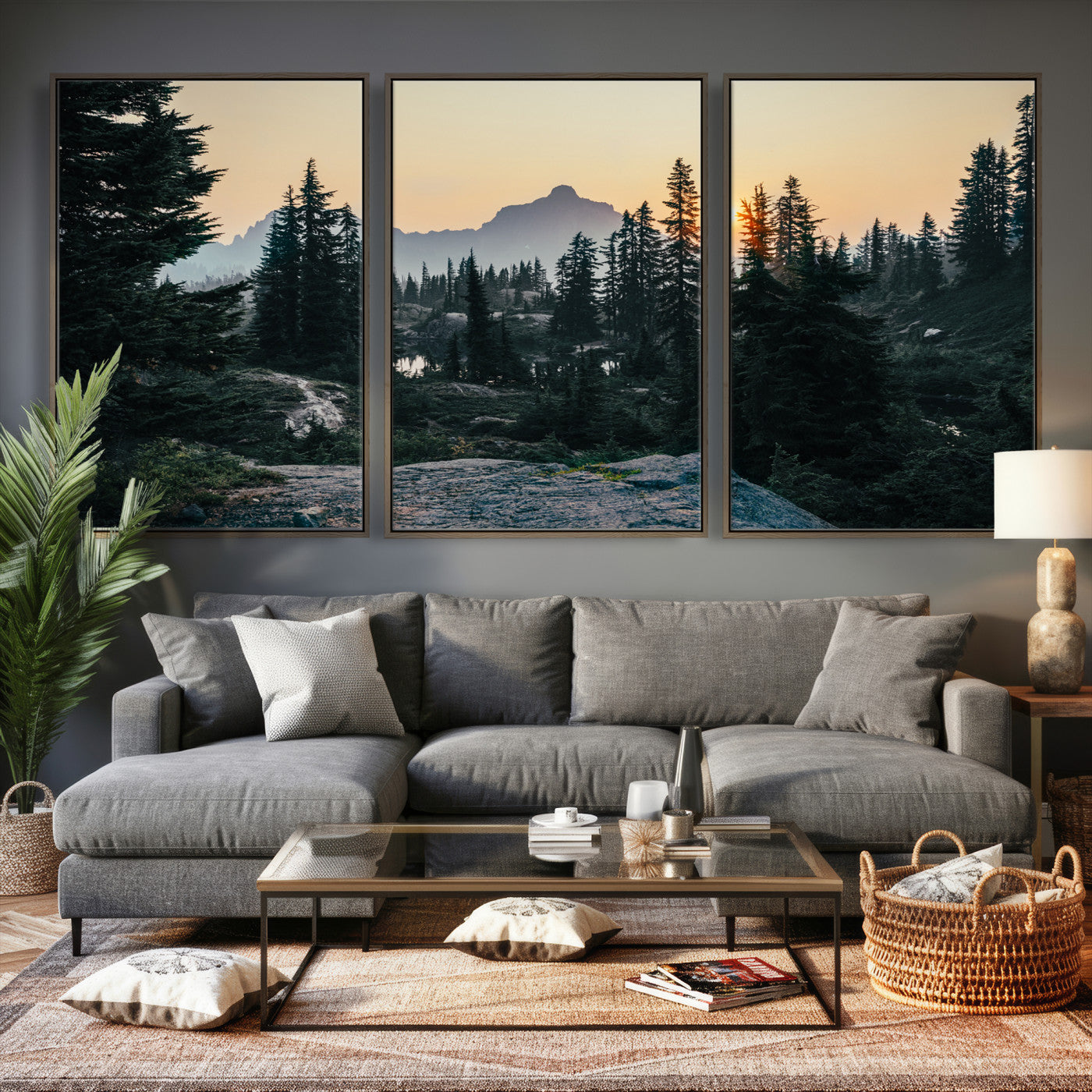 89996020-MGV-CV-36X24 - Mountain Forest Canvas Wall Art Print, Pine Tree Landscape, Sunset Nature Photography, Wilderness Wall Decor, Ready to Hang