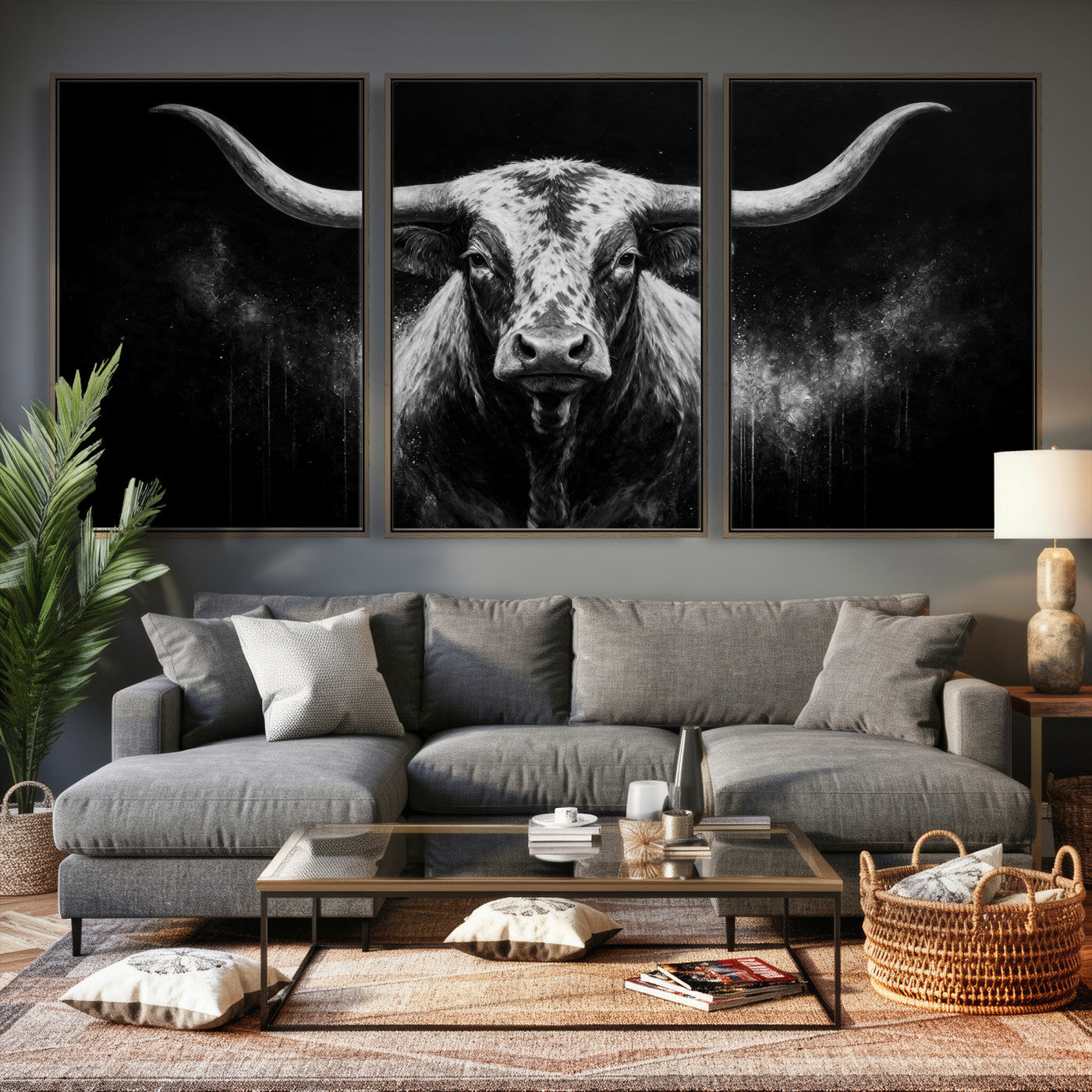 29671077-MGV-CV-60X30-3P - Texas Bull Cow Longhorn Canvas Wall Art Moody Western Bull Oil Painting Print