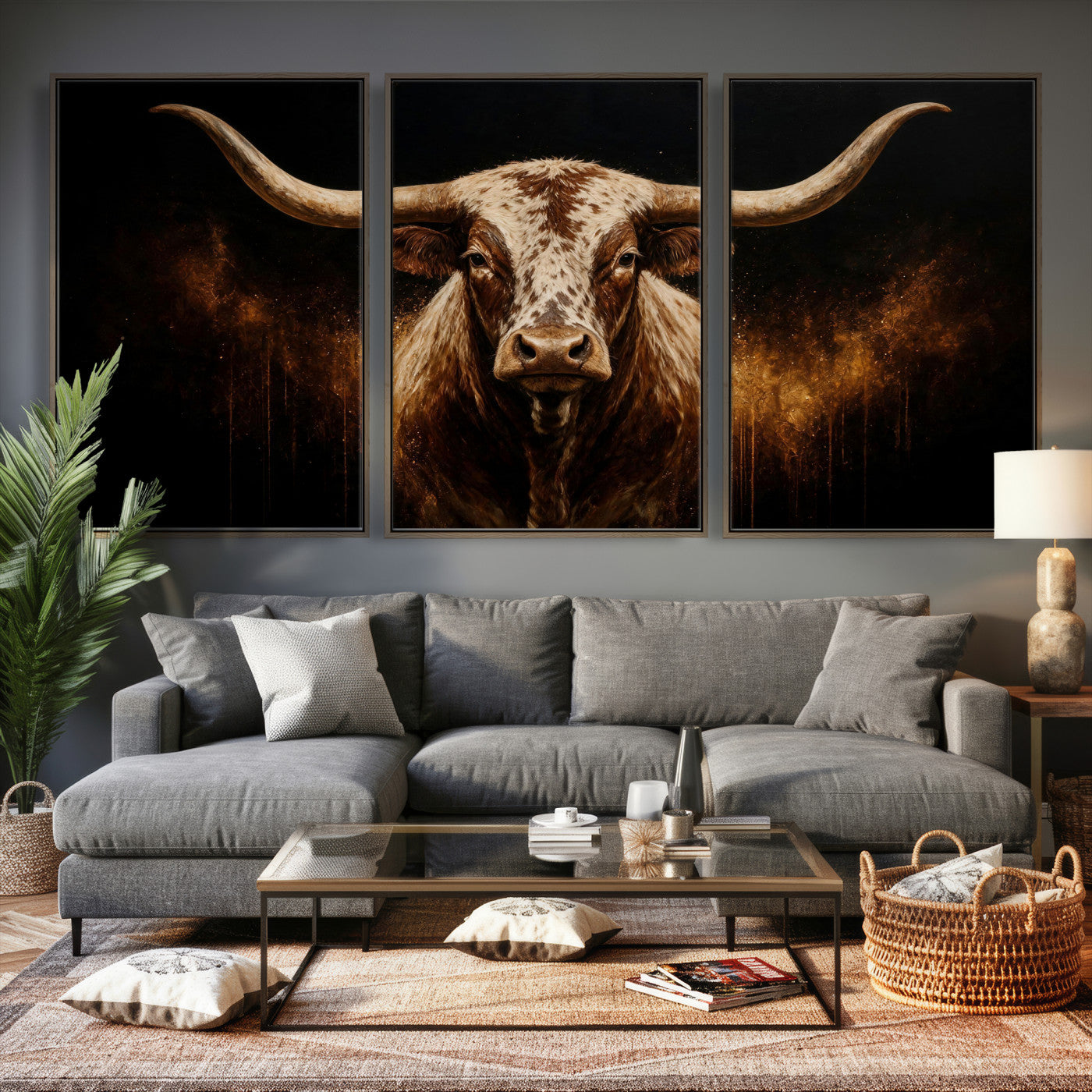62076449-MGV-CV-48X32-3P - Texas Bull Cow Longhorn Canvas Wall Art Moody Western Bull Oil Painting Print