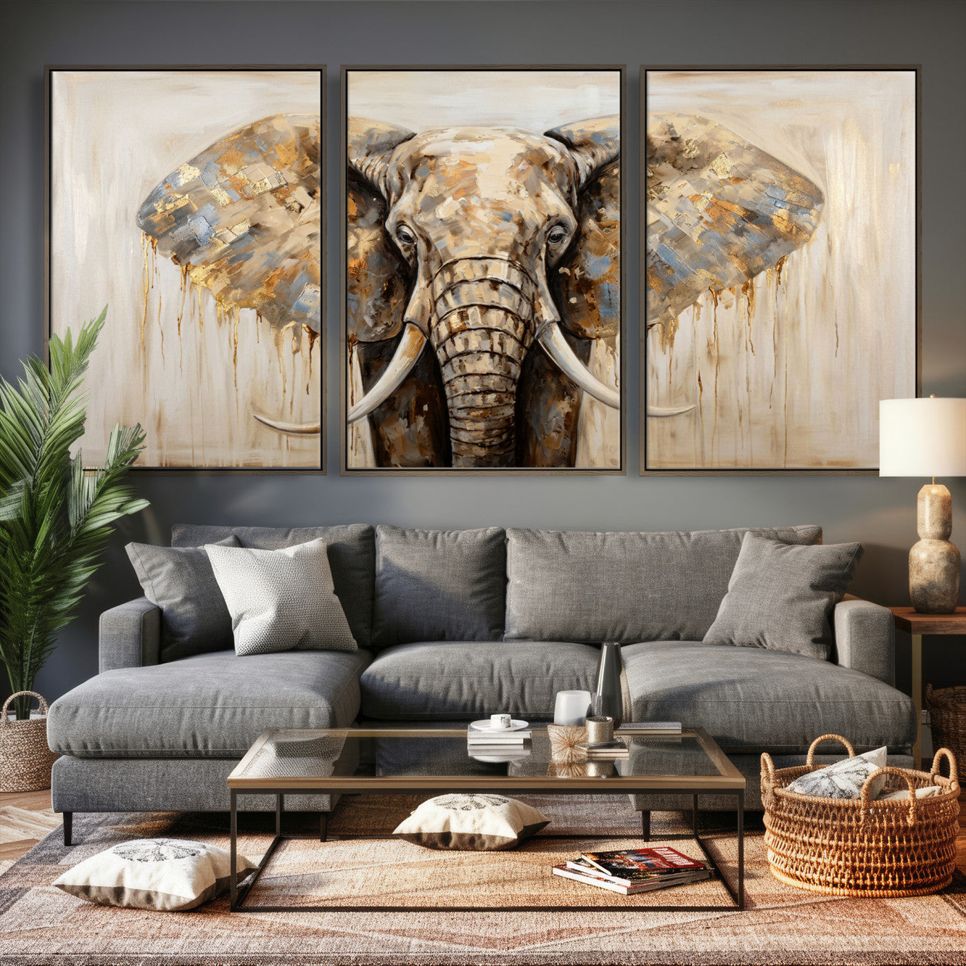 95819221-MGV-CV-36X24 - Gold Leaf Elephant Canvas Wall Art Abstract African Wildlife Painting Print