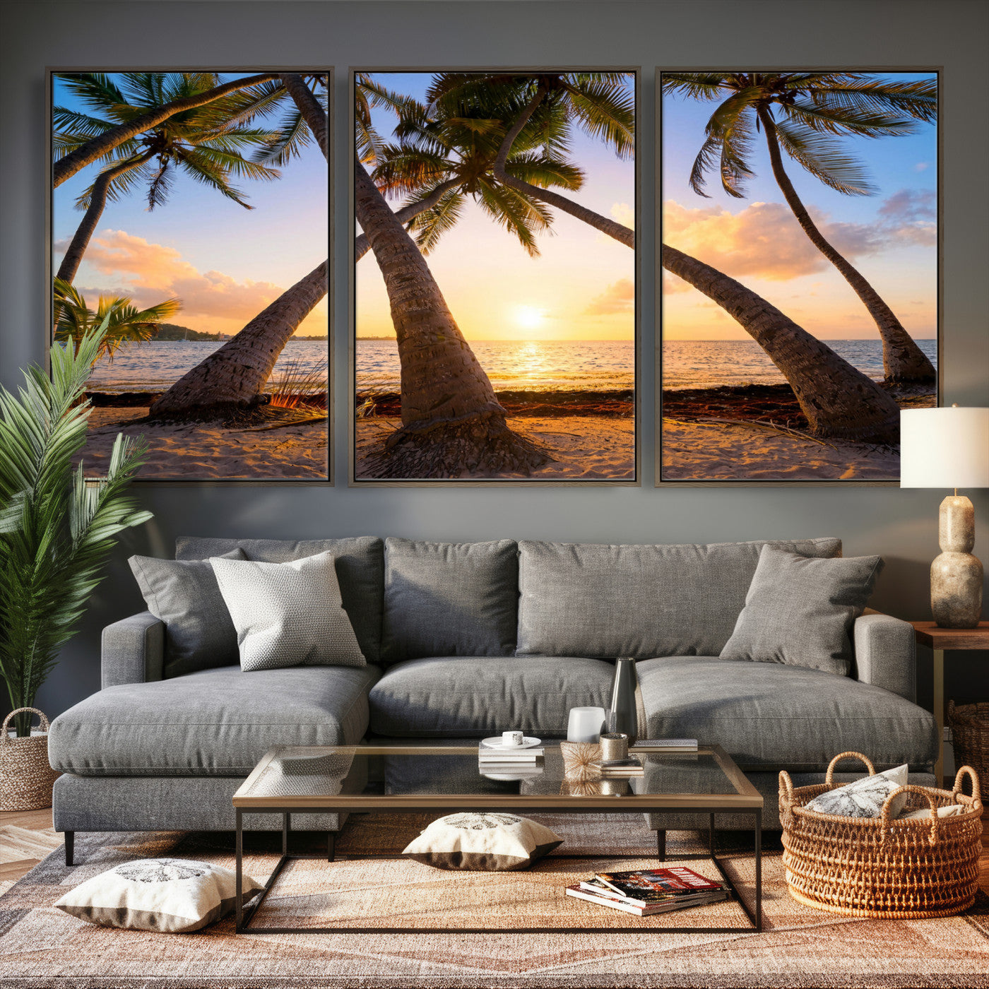 75123213-MGV-CV-36X24 - Tropical Island Coconut Palm Trees Sunset Wall Art Canvas Print - Turquoise Beach Print for Nautical Home Decor