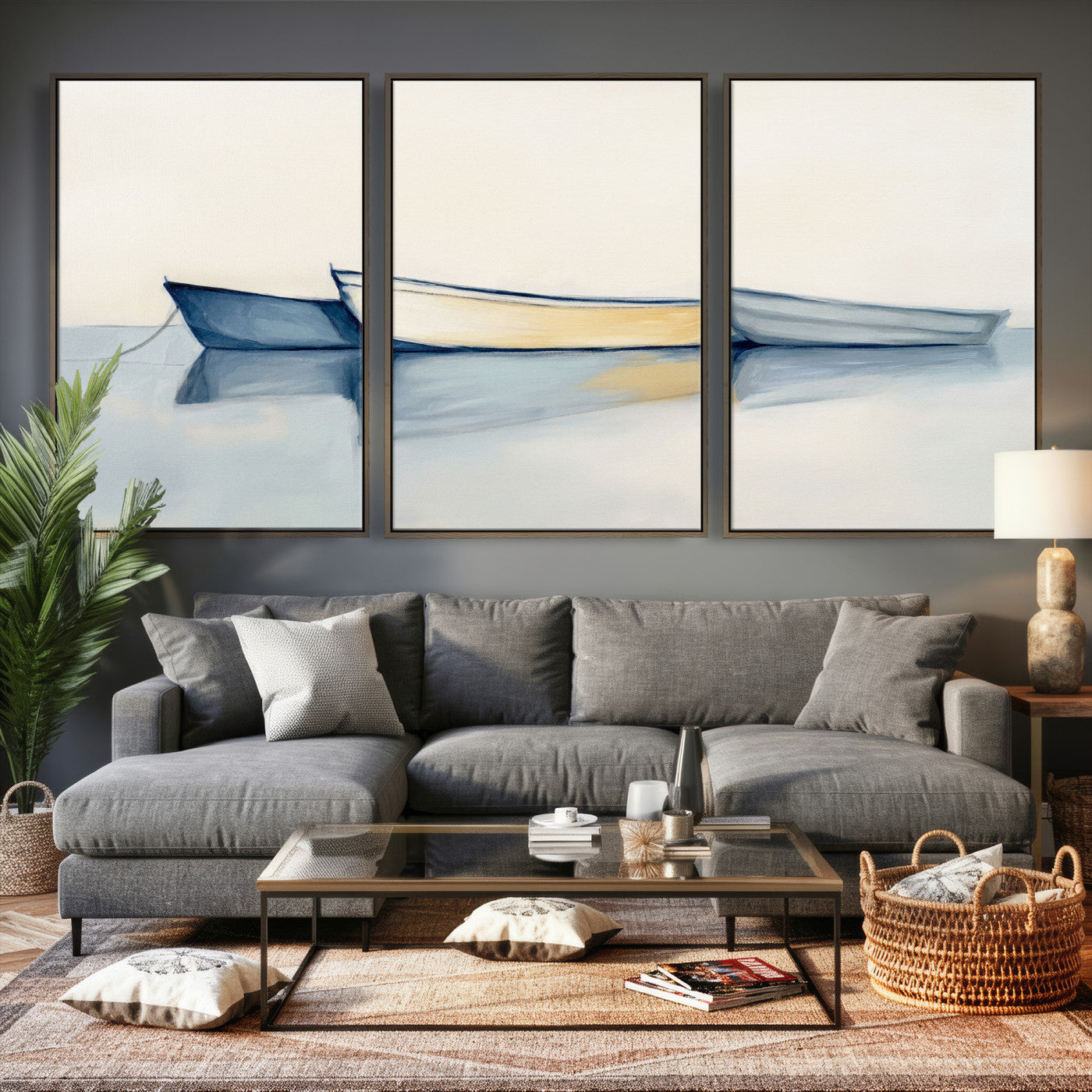 84017361-MGV-CV-36X24 - Abstract Three Boats Reflecting on Water Wall Art Canvas Print - Minimalist Coastal Seascape