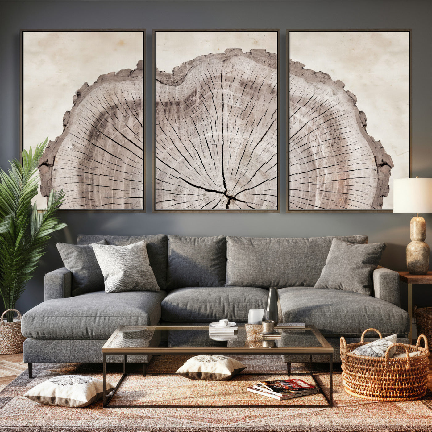 87833480-MGV-CV-60X30-3P - Tree Ring Canvas Wall Art in Neutral Earth Tones, Framed Wood Slice Print for Rustic and Japandi Interiors