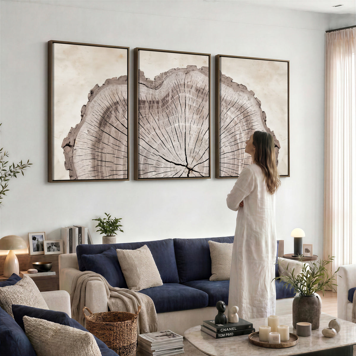 87833480-MGV-CV-60X30-3P - Tree Ring Canvas Wall Art in Neutral Earth Tones, Framed Wood Slice Print for Rustic and Japandi Interiors