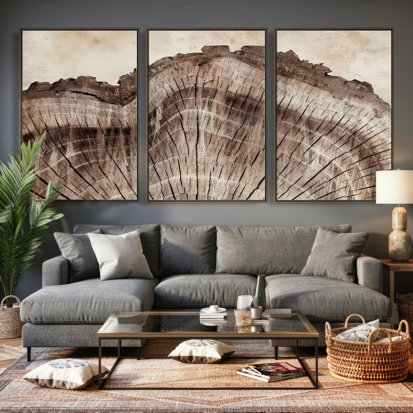 91280382-MGV-CV-60X30-3P - Tree Ring Canvas Wall Art in Neutral Earth Tones, Framed Wood Slice Print for Rustic and Japandi Interiors