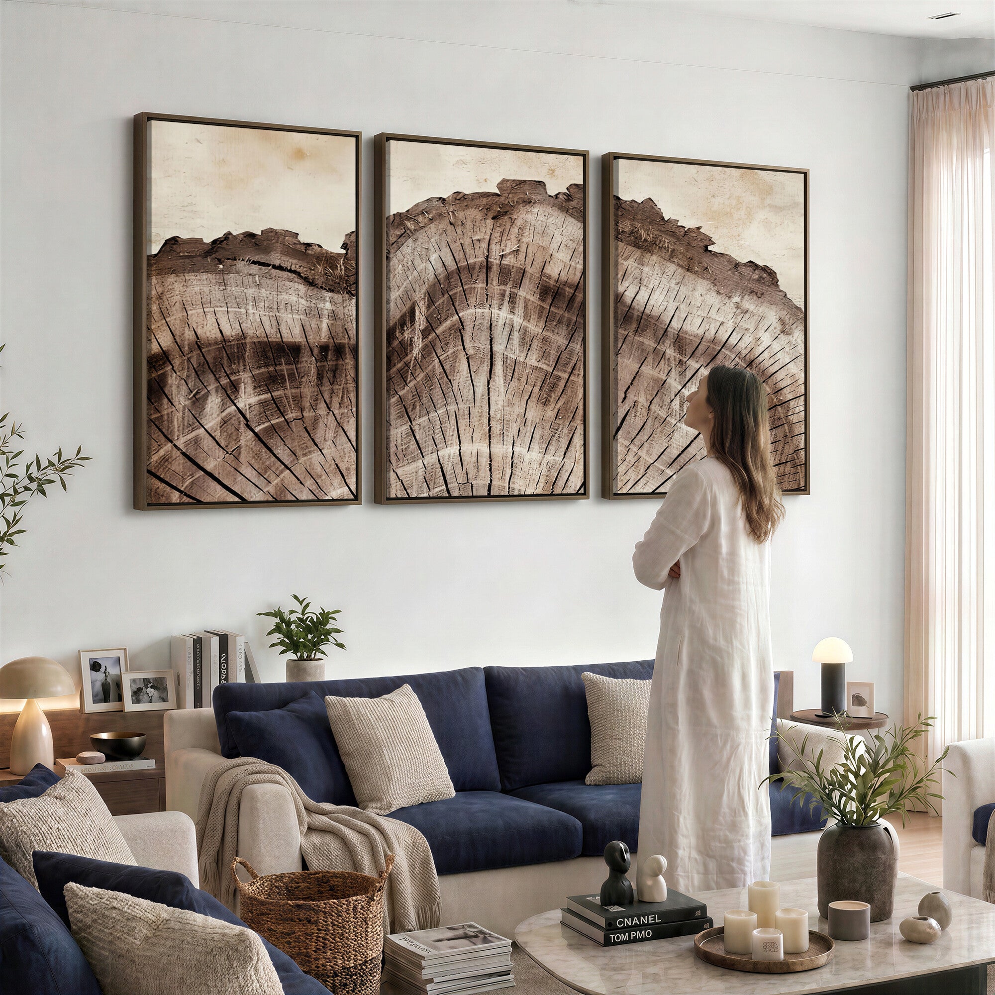 91280382-MGV-CV-60X30-3P - Tree Ring Canvas Wall Art in Neutral Earth Tones, Framed Wood Slice Print for Rustic and Japandi Interiors