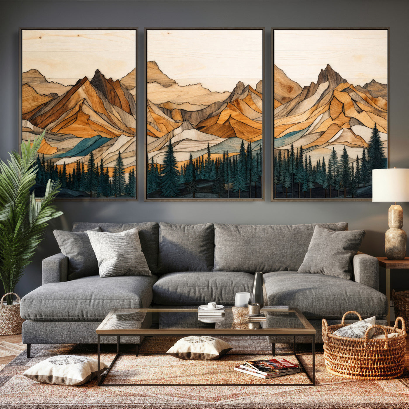 57384313-MGV-CV-60X30-3P - Mountain Landscape Canvas Wall Art with Wood Grain Effect, Golden Peaks and Teal Pine Forest, Framed Cabin Decor