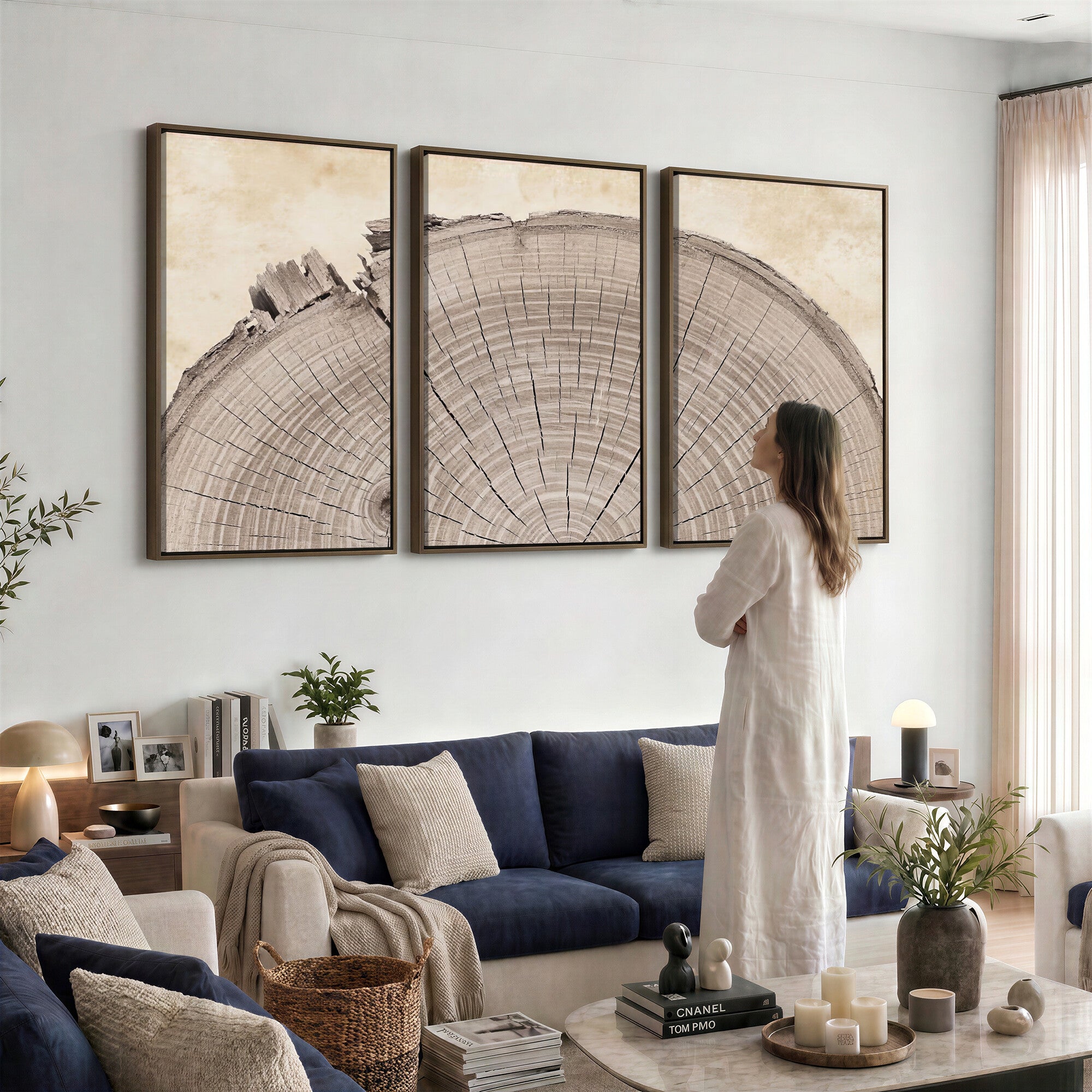 64174838-MGV-CV-60X30-3P - Tree Ring Canvas Wall Art in Neutral Earth Tones, Framed Wood Slice Print for Rustic and Japandi Interiors