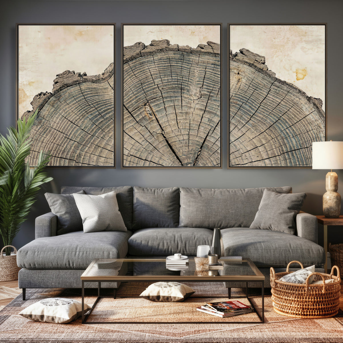 34201080-MGV-CV-60X30-3P - Tree Ring Canvas Wall Art in Neutral Earth Tones, Framed Wood Slice Print for Rustic and Japandi Interiors