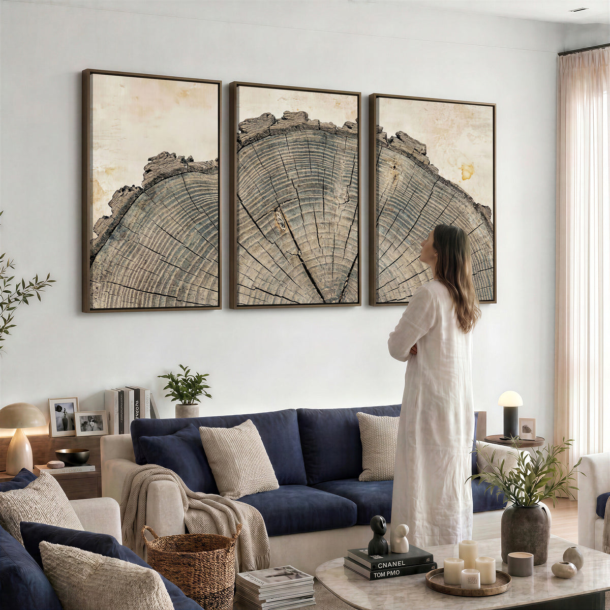 34201080-MGV-CV-60X30-3P - Tree Ring Canvas Wall Art in Neutral Earth Tones, Framed Wood Slice Print for Rustic and Japandi Interiors